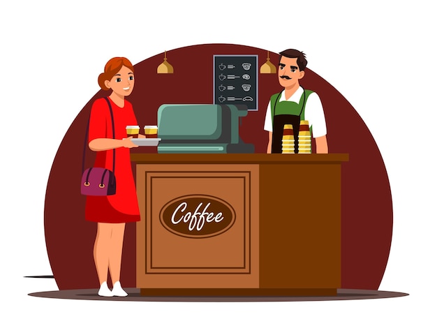 カウンター漫画のキャラクターカフェテリアの従業員がカップを保持している後ろに立っているエプロンで女性の陽気な男性のためにコーヒーを作るバリスタ
