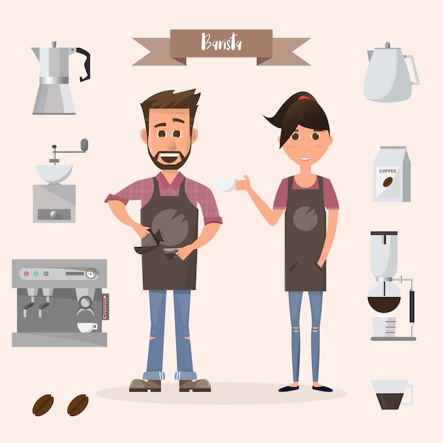 Vector barista man en vrouw met machine