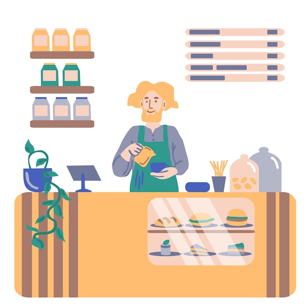 Vector barista standing at the coffee shop counter male worker making coffee at a cafe flat vector illustration