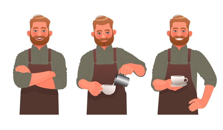 Vector barista-tekenset. een man in een schort, een coffeeshopmedewerker in verschillende poses op een witte achtergrond. maakt koffie. vectorillustratie in cartoon-stijl