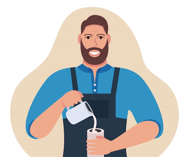 Vector barista waiter with apron preparing cappuccino pouring milk in coffee cup latte