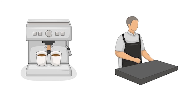 Vector barista wearing grey shirt character and coffee machine illustration