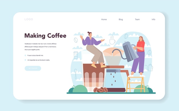 ホットコーヒーのカップを作るバリスタのウェブバナーまたはランディングページのバーテンダー