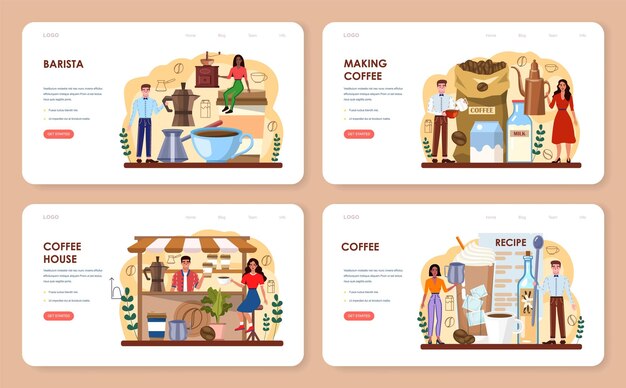 Набор веб-баннера или целевой страницы бариста. бармен делает чашку горячего кофе. работник кофейни делает вкусный энергичный напиток с молоком. плоские векторные иллюстрации