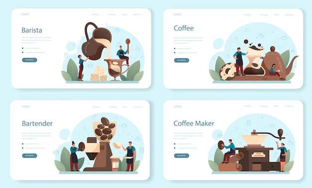 バリスタのウェブテンプレートまたはランディングページセット。ホットコーヒーのカップを作るバーテンダー。牛乳と一緒に朝食にエネルギッシュでおいしい飲み物。アメリカーノとカプチーノ、エスプレッソとモカ。ベクトルイラスト