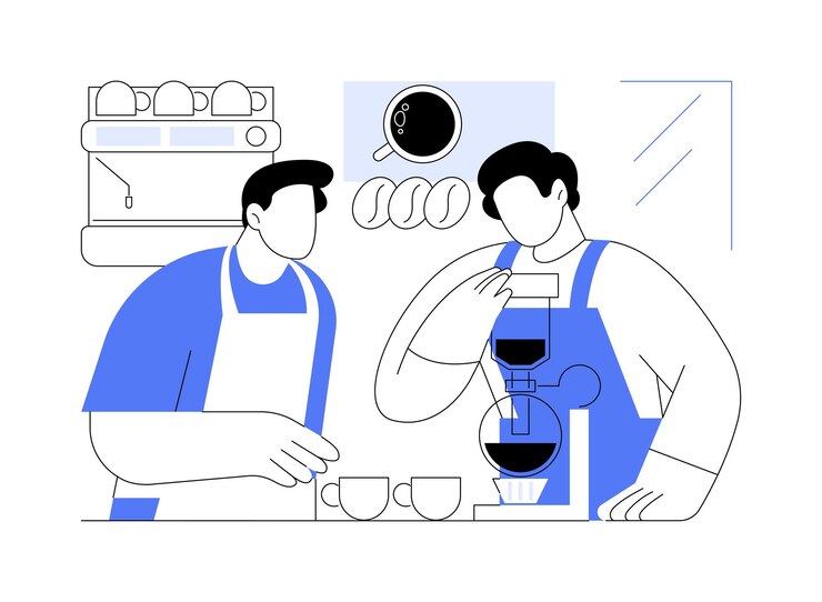 Vector baristaopleiding geïsoleerde cartoon vector illustraties professionele baristaopleiding een nieuwe werknemer