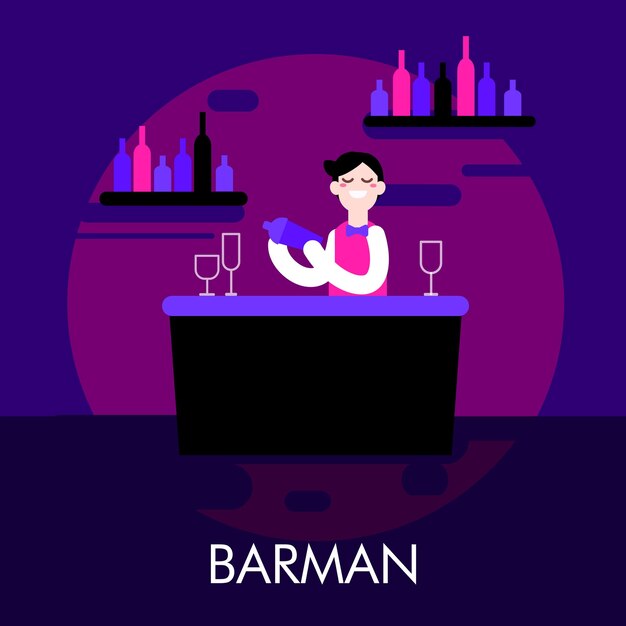 Barman on blue and purple background in circle Night club alcoholic cocktail vodka shot glass drink whiskey bar counter uniform shirt and bow tie Profession career guidance work Occupation