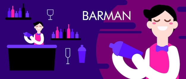 Barman on blue and purple background Close up Night club alcoholic cocktail vodka shot glass drink whiskey bar counter uniform shirt and bow tie Profession career guidance work Occupation