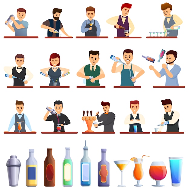 Barman iconen set, cartoon stijl