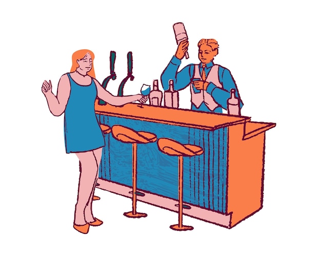 Barman at work People in a bar counter Vector illustration