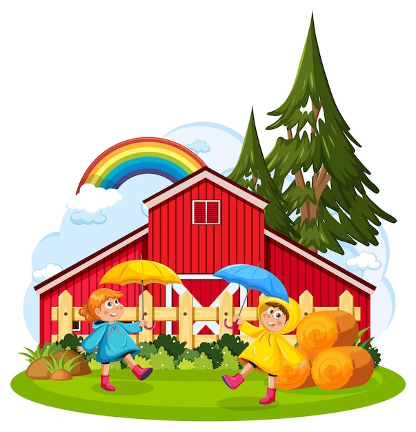 Vector barn farm with cartoon character