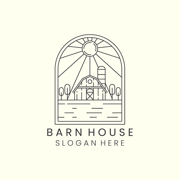 barn house sun burst emblem minimalist line art design icon illustration template design