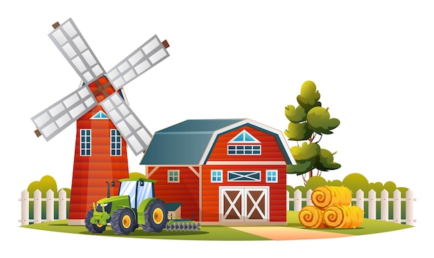 Vettore casa di fienile con trattore concetto di costruzione della fattoria illustrazione vettoriale isolata su sfondo bianco
