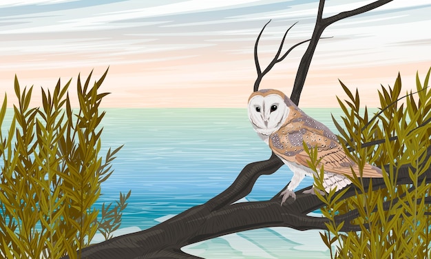 A barn owl sits on a tree branch over a large bay Wild birds