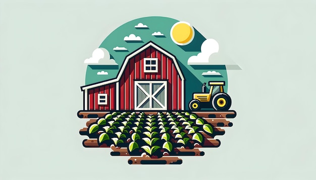 Barn and Tractor in Crop Field Vector Design