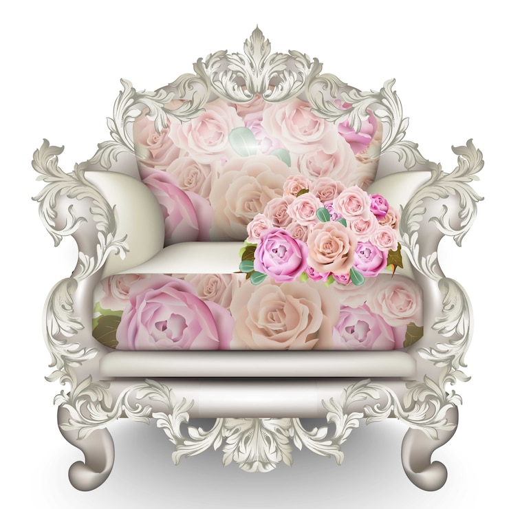 Vector barokke luxe fauteuil met rozen, rijk meubilair versierd met ornamenten