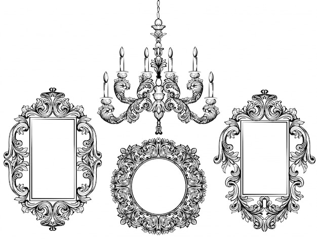 Lampadario barocco e cornici specchio. detailed illustrazione vettoriale ornamento dettagliata grafica linea arte