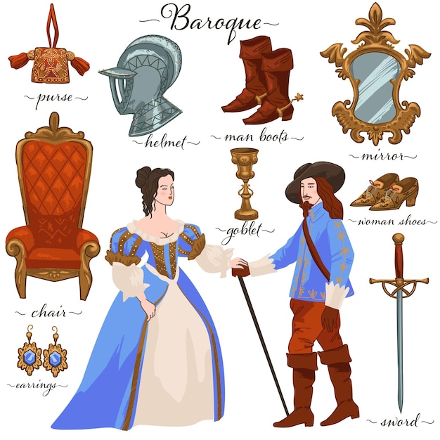 Vettore personaggi e oggetti barocchi cultura e stile