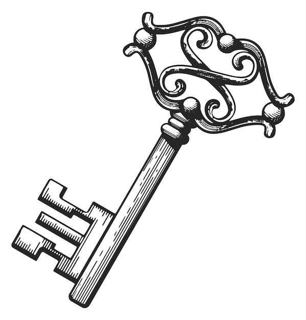 Baroque metal key drawing Vintage style engraving isolated on white background