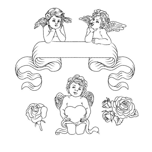 Baroque ornament and cupid rose heart engraving sketch