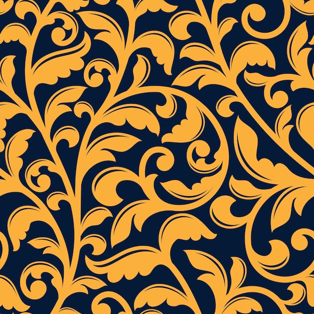 럭셔리 또는 섬유 디자인을 위해 진한 파란색 배경에 모양의 잎이 있는 노란색 꼬인 나뭇가지의 바로크 양식 꽃 원활한 패턴