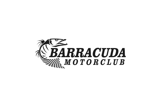 Bandiera da corsa con logo barracuda moderno minimalista nero bianco silhouette pesce spaventoso