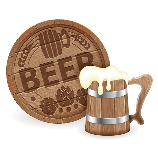 Vector barrel of beer and wooden mug