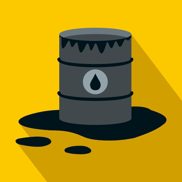 Иконка бочки и разлива нефти в плоском стиле на желтом фоне