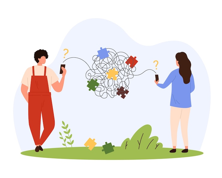 Vector barrier of misunderstanding in online communication tiny man and woman holding phones