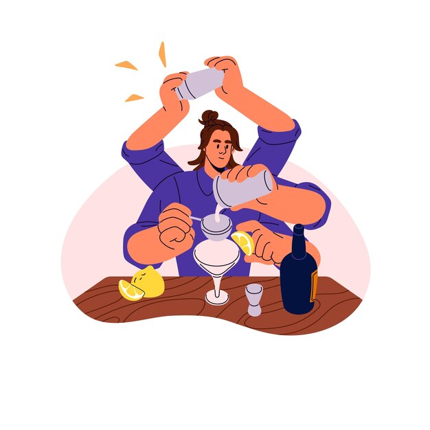 bartender cooking cocktail professional barman prepares alcohol drink young man mixing liquid ingredients in shaker add lemon in martini glass flat isolated vector illustration on white background