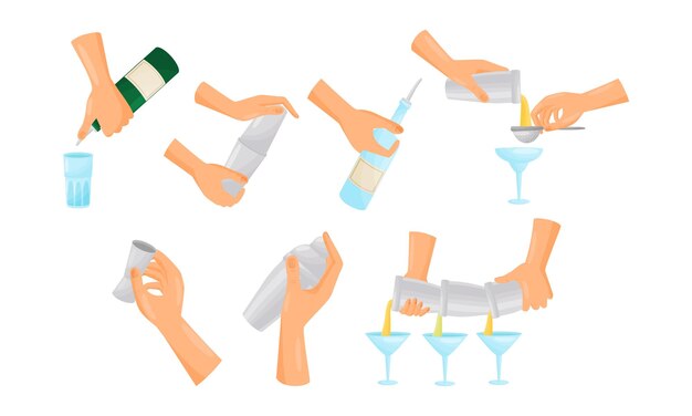 Вектор Руки бармена, наливающие и смешивающие коктейли, изолированные на белом фоне векторного набора
