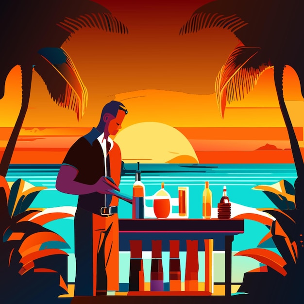 Vector the bartender sells fruit juice by the sea and people buy it vector illustration