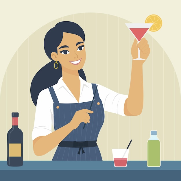 Vector bartender young woman preparing cocktail flat design illustration