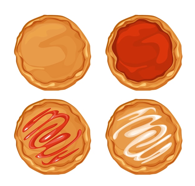 Base pizza set Making about collecting pizza. Raw cooked dough with toppings of cheese tomato sauce and mayonnaise. Vector cartoon illustration.