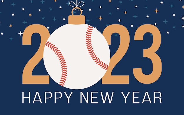 Baseball 2023 Happy New Year Sports greeting card with baseball ball on the flat background Vector illustration