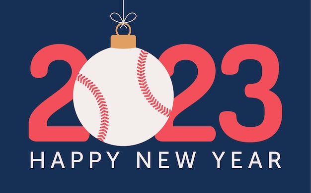 Бейсбол 2023 С Новым годом Спортивная открытка с бейсбольным мячом на плоском фоне Векторная иллюстрация