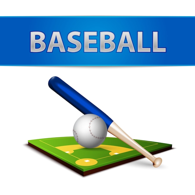 Baseball ball bat and green field emblem