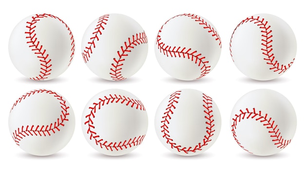 Baseball ball. leather white softball with red lace stitches in\
different angles, sport equipment for game. athletic balls with\
seams realistic vector set