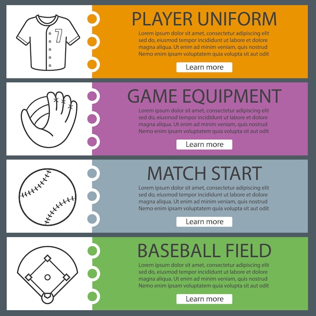 야구 배너 템플릿 집합입니다. 선수의 셔츠, 공 및 미트, 필드. 선형 아이콘이 있는 웹사이트 메뉴 항목. 색상 웹 배너입니다. 벡터 헤더 디자인 개념