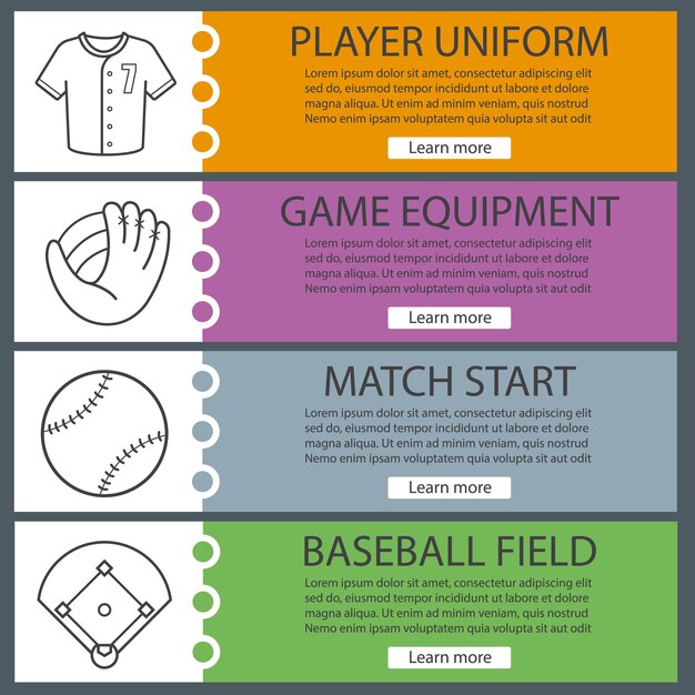 Vettore set di modelli di banner da baseball. maglia del giocatore, pallone e guantone, campo. voci di menu del sito web con icone lineari. banner web a colori. concetti di progettazione di intestazioni vettoriali