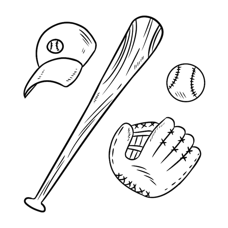 野球、野球のバット、帽子、そしてキャッチグのグローブ落書き
