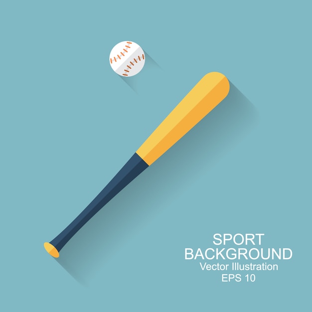 Vector baseball bat, ball, icon with long shadow. sport baseball background. flat style, vector illustration