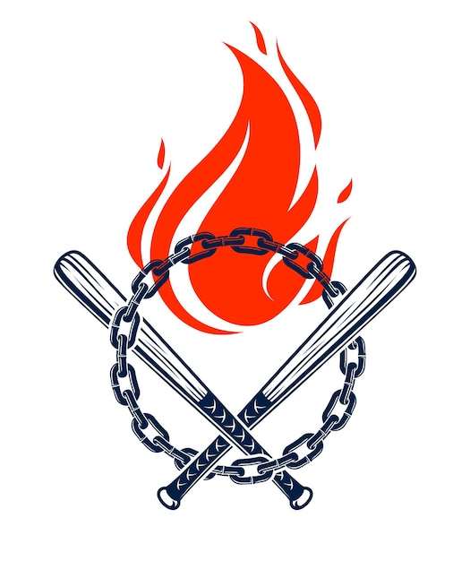 Baseball bats and flames of fire vector emblem isolated on white, gang logo.