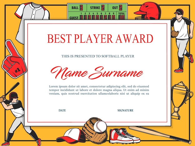 Vector baseball best player award diploma vector template