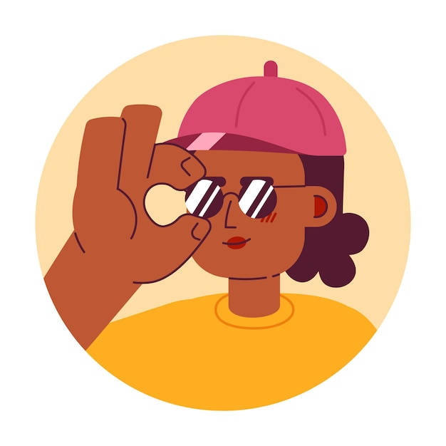 Baseball cap black woman wears sunglasses 2d vector avatar illustration trendy african american girl cartoon character face portrait express yourself flat color user profile image isolated on white