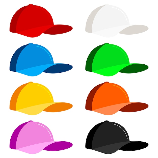 야구 모자 아이콘 세트 흰색 배경에 고립입니다. 평면 스타일 벡터 일러스트 레이 션. 젊은 남성 또는 여성 스포츠 모자 측면 보기, 여름 태양 보호. 레드, 화이트, 블루, 그린, 옐로우, 오렌지, 핑크, 블랙.