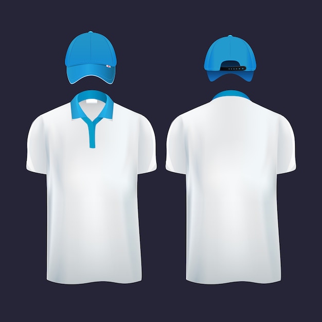 Vector baseball caps en casual t-shirt polo aan verschillende kanten. vector illustraties