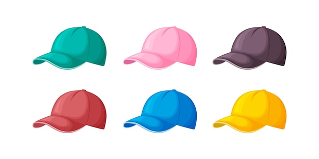 Набор бейсболок Синие желтые и розовые шапочки Бейсболки в мультяшном стиле Головной убор Векторная иллюстрация на белом фоне