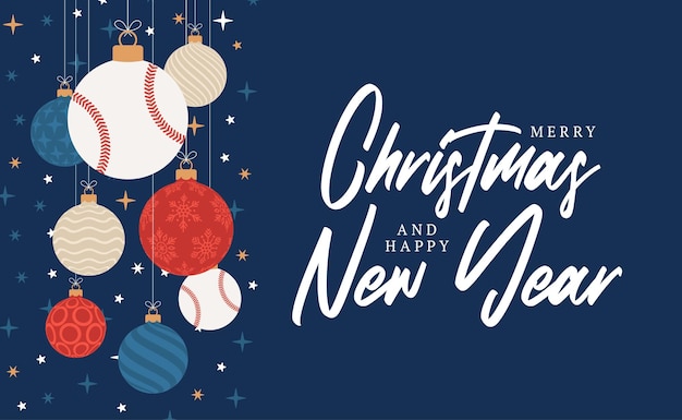 Cartolina d'auguri di natale di baseball. buon natale e felice anno nuovo fumetto piatto sport banner. palla da baseball come una palla di natale sullo sfondo. illustrazione vettoriale.