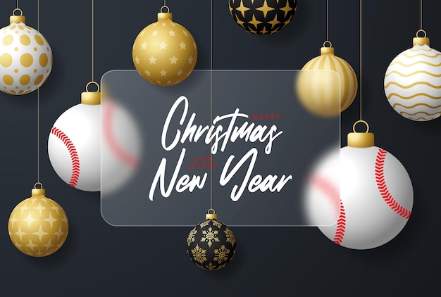 Banner di vendita di natale di baseball o biglietto di auguri felice anno nuovo e banner sportivo di buon natale con morfismo di vetro o morfismo di vetro effetto sfocatura illustrazione vettoriale realistica